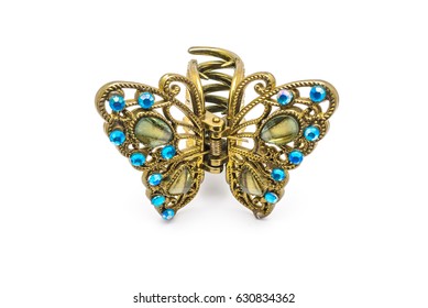 Closeup To Old Luxury Decorated Golden Butterfly Hair Clip, Isolated 