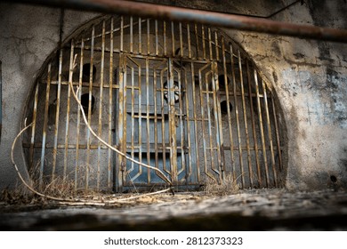 Close-up of an old, rusted iron gate set into an arched concrete opening of an abandoned building. Flaking paint, corrosion and circular vents behind the bars create a weathered, gritty texture. Dry grasses and a foreground twig add depth and an overgrown, neglected atmosphere.