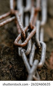 Close-up of an old, rusty chain lying on a rough surface, with a spiderweb, vertical