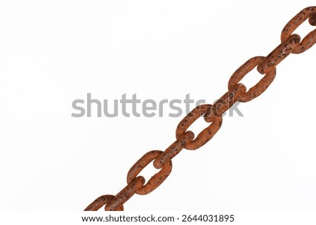Close-up of old rusty chain on white background, rusty chain texture.