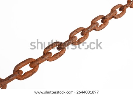 Close-up of old rusty chain on white background, rusty chain texture.