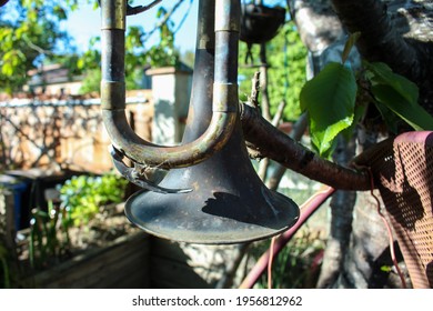 Close-up Old Rusty Trumpet Bell Hanging In A Tree 