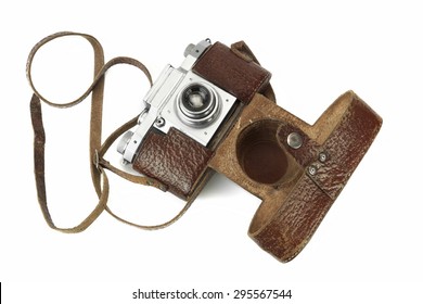 Close-up Of Old Shabby 35 mm Photo Film Camera leather Case Isolated On White Background