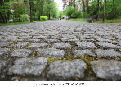 Closeup of an old stoneblock road cobbled with rectangular granite blocks with moss between rocks. Surface level perspective photo with selective focus - Shutterstock ID 2346161831