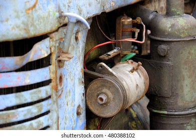 Close-up of an old tractor engine.