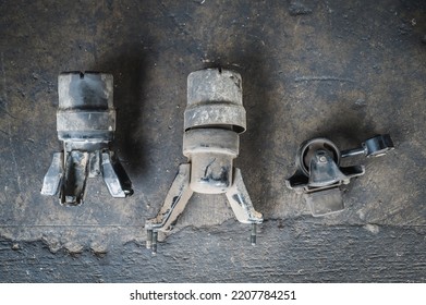 Close-up Of Old Used Car Engine Motor Mounts.