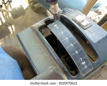 Closeup Of A Old Vintage Gear Shift Stick On The Dashboard Car Truck, Interior Of A Retro Bus. 8 Speed Car