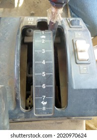 Closeup Of A Old Vintage Gear Shift Stick On The Dashboard Car Truck, Interior Of A Retro Bus. 8 Speed Car