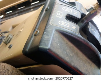 Closeup Of A Old Vintage Gear Shift Stick On The Dashboard Car Truck, Interior Of A Retro Bus. 8 Speed Car