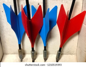 Close-up Of Old Vintage Set Of Red And Blue Lawn Darts