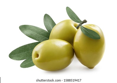 Close-up of olives with olive leaves, isolated on white background - Shutterstock ID 1588519417