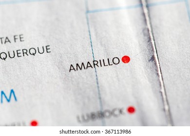 Closeup On Amarillo, Texas On A Map Of The USA.