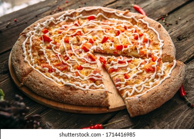 Closeup On Appetizing Pizza Ranch With Chicken And Sauce, Horizontal