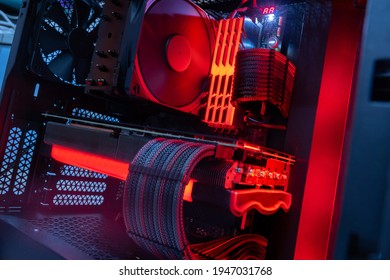 Close-Up On Black Destop Computer Middle Size Tower With Red LED RGB Light