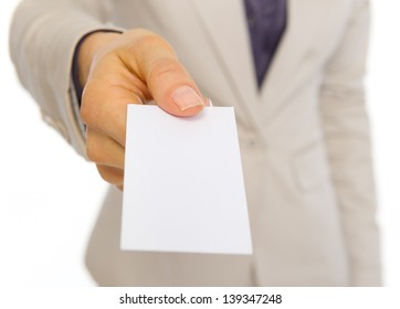 Closeup On Business Woman Giving Business Card