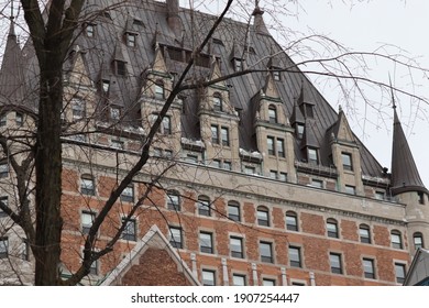 close-up on the chateau frontenac in Quebec, and several pane windows
