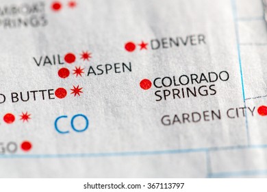 Closeup On Colorado Springs, Colorado On A Map Of The USA.