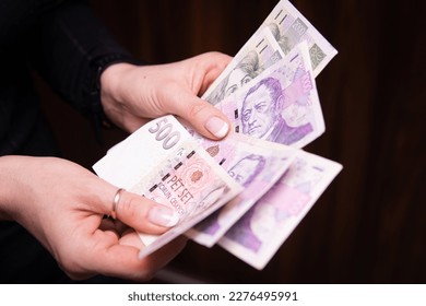 closeup on czech money CZK in hands.  Czech economy and finance