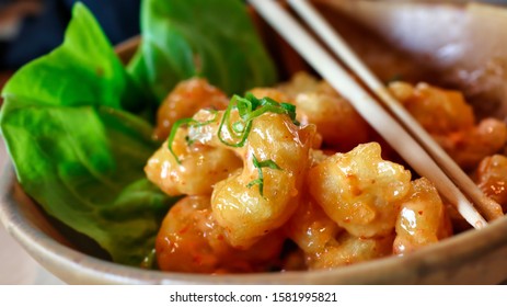 closeup on a dynamite shrimps fresh dish served in a fancy decoration