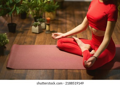 Closeup On Female In Red Fitness Clothes With Yoga Mat Meditating In The Green House.