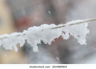 Close-up On Fresh Snow Covering Empty Clothes Line During Snowfall