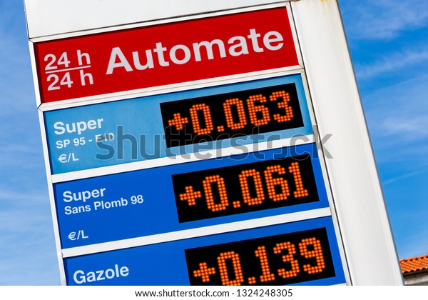 Closeup on Gas station sign displaying different\
oils energies super, super unleaded, diesel (\