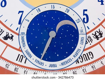 Close-up On Giant Calendar Wall Clock In Pesariis, Italy