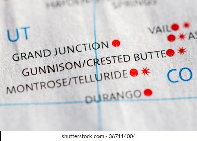 Closeup On Gunnison/Crested Butte, Colorado On A Map Of The USA.