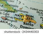 Close-up on Haiti and Dominican Republic on a map.