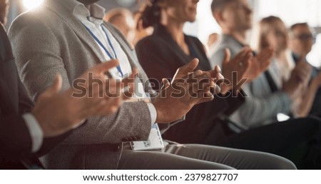 Close-Up on Hands of Audience of People Applauding in Concert Hall During Business Forum Presentation. Technology Summit Auditorium Room With Corporate Delegates. Excited Entrepreneurs Clapping.