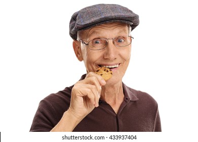Close-up on a mature man eating a chocolate chip cookie isolated on white background