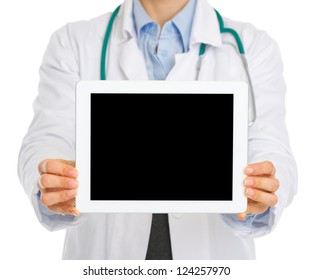 Closeup On Medical Doctor Holding Tablet PC With Blank Screen