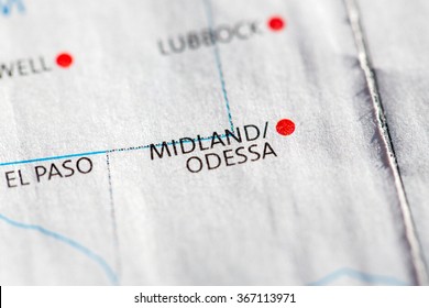 Closeup on Midland/Odessa, Texas on a map of the USA.