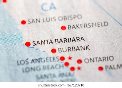 Closeup On Santa Barbara, California On A Map Of The USA.