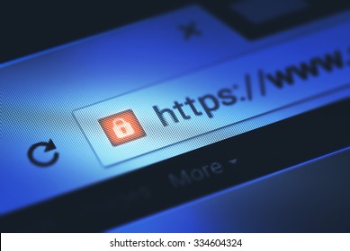 Closeup On The Screen With Depth Of Field And Focus On The Padlock. The Image Is A Security Concept In The Search Engine And Web Browser Address. Hyper Text Transfer Protocol Secure (https).