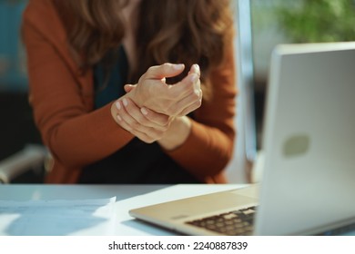 Closeup on small business owner woman with laptop experience carpal syndrome in the green office.