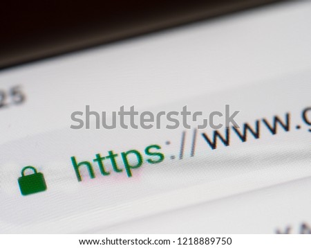 Closeup on smartphone display screen with https and www url. Security concept in search engine and web browser address. Hyper Text Transfer Protocol Secure https. Shallow DOF,