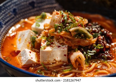 Closeup On Spicy Japanese Miso Tofu Ramen With Kimchi