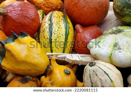 Close-up on a stack of various Cucurbits on a market stall.