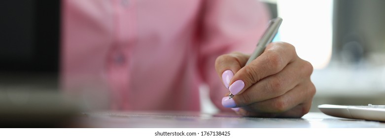 Close-up On Table Female Hands Take Notes With Pen. Remote Work From Home During Quarantine. Lack Office Work. Downtime Due To Force Majeure Situations. Crisis In Economy, Job Search Remotely