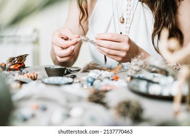 Close-up On Woman Hands While Making Handmade Gemstone Jewellery, Home Workshop. Woman Artisan Creates Jewelry. Art, Hobby, Handcraft Concept