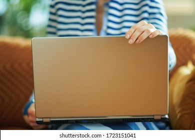 Closeup on woman in the house in sunny day sitting on couch and opening laptop.