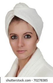 Closeup On Young Woman Wearing Hair Wrap Towel Isolated On White