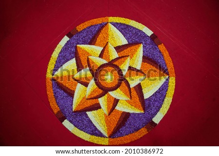 Closeup of an Onam pookalam or Athappokkalam,( floral carpet)typical flower decoration of Kerala.