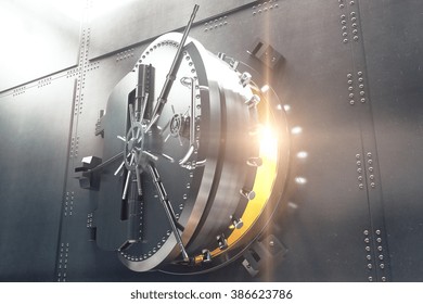 Closeup Of An Open Bank Vault Door With Golden Light Peeking From Inside. 3D Render