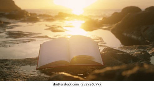 Close-up open book and bright sunset light. Reading education concept. Cinematic magical ocean beach. Scriptures Holy Bible. - Powered by Shutterstock