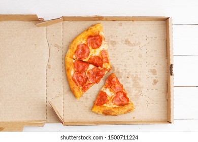 Closeup Open Box With Pepperoni Pizza Leftovers On White Wooden Table. Top View.