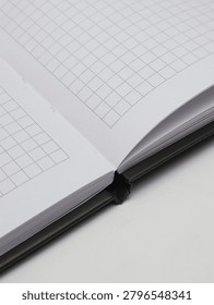 Close-up of an open checkered notebook or copybook on a white background