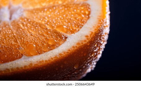 A close-up of an orange slice, showcasing the juicy, vibrant orange flesh covered in tiny water droplets. Blurred background, highlighting the freshness and detail of the fruit. - Powered by Shutterstock