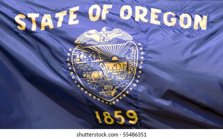 A close-up of the Oregon state flag waving in the wind.